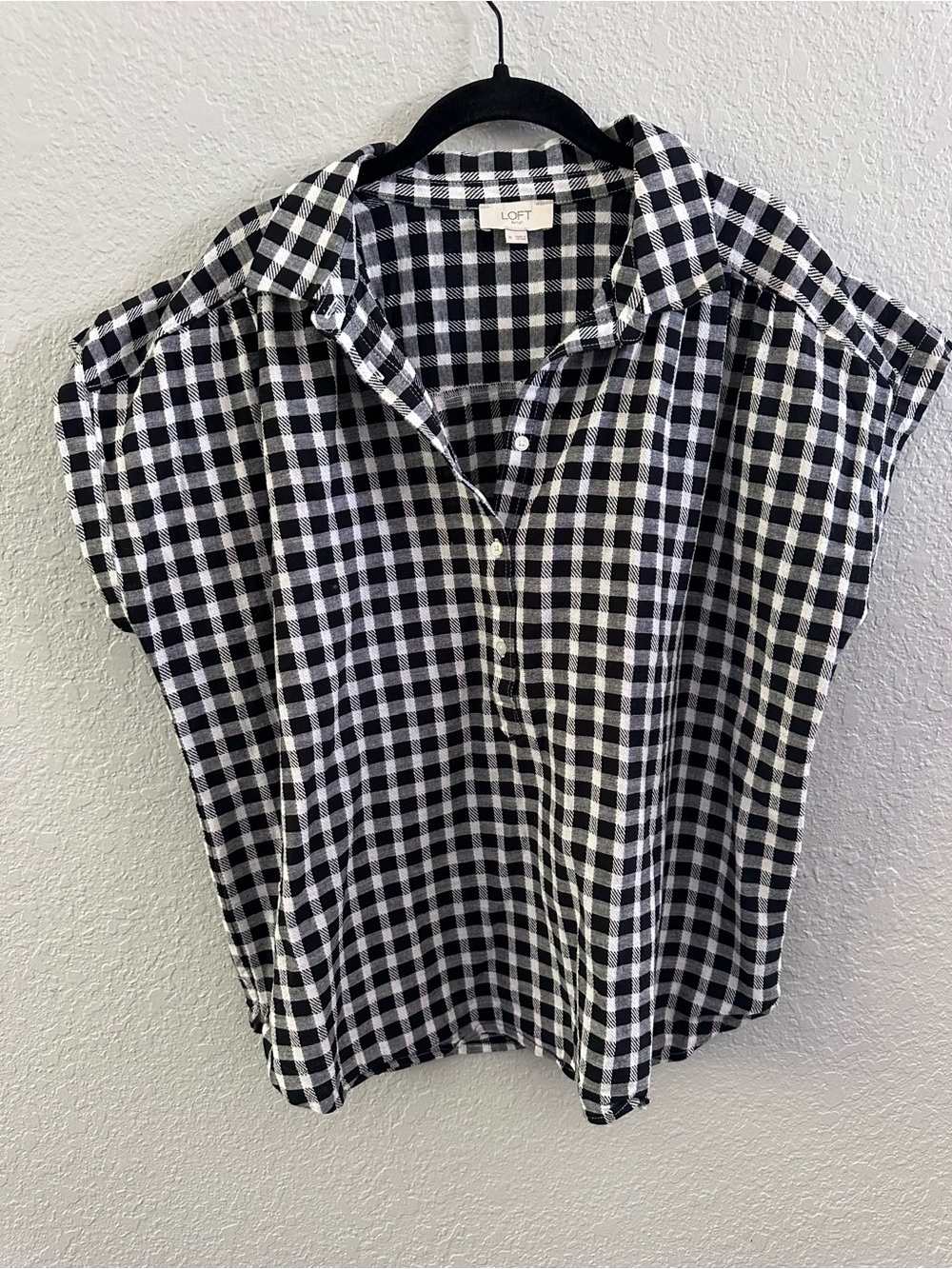 LOFT Outlet Black White Gingham Plaid Cotton Popover Top XL